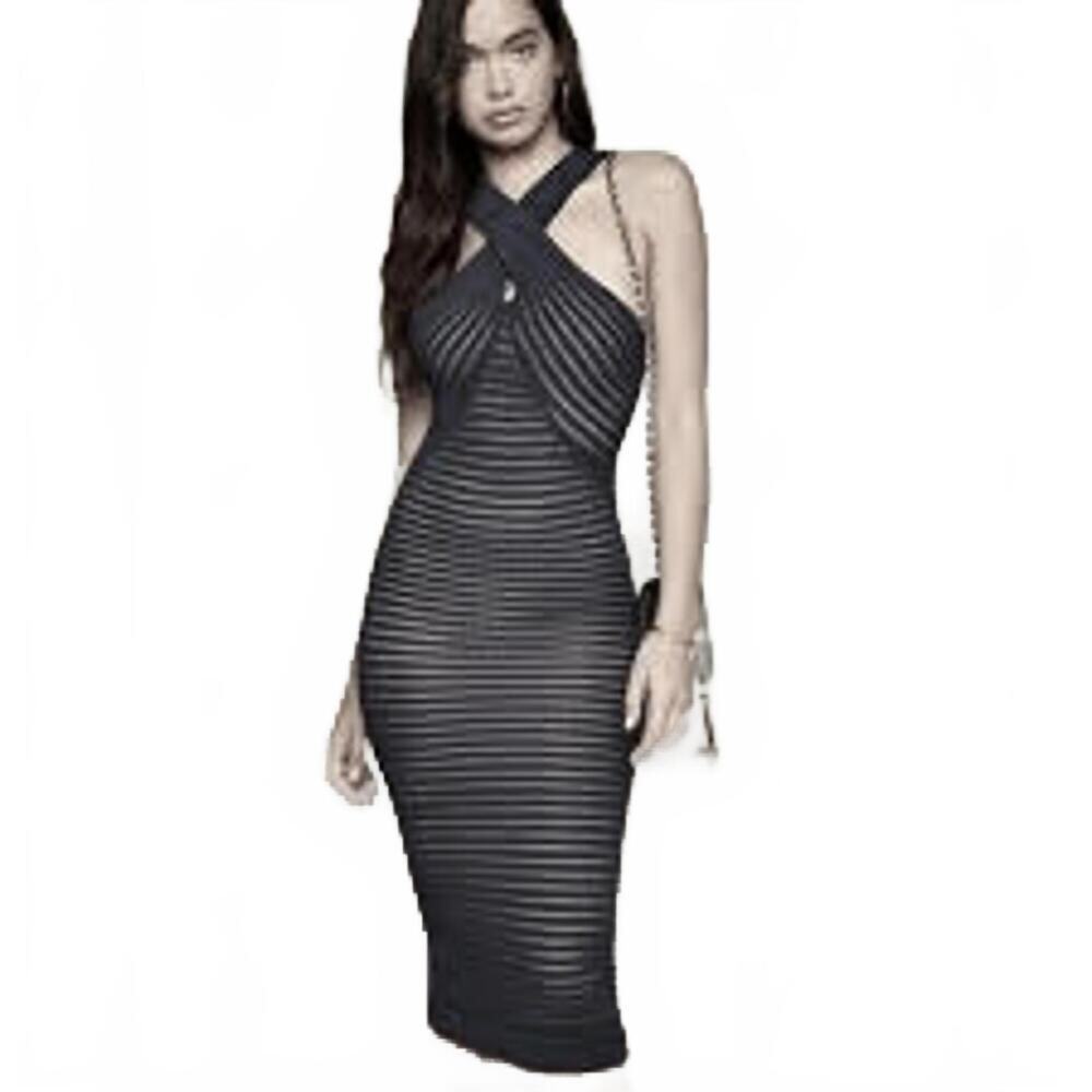 Vintage BEBE Diana Rib Knit Bodycon Twist Front Midi Dress Bombshell Goth